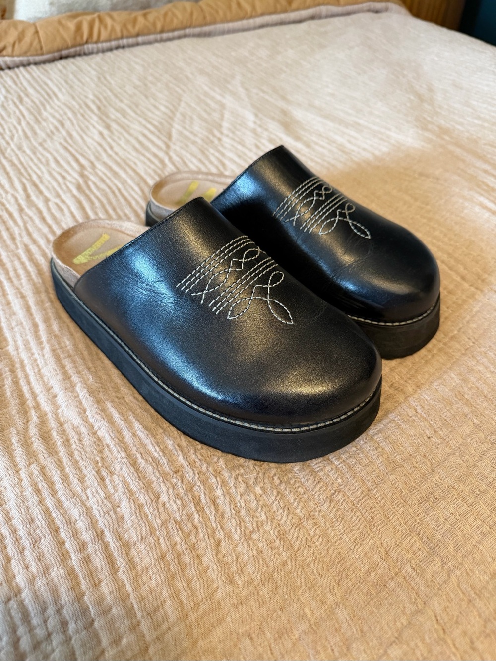Walk London Black Leather Slip-On Mules with Decorative Stitching - 8.5 Women’s